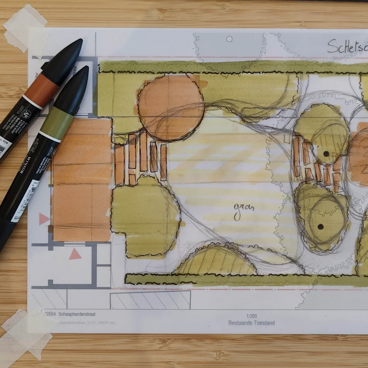 schetsontwerp van eerste ontwerpfase van een tuinproject