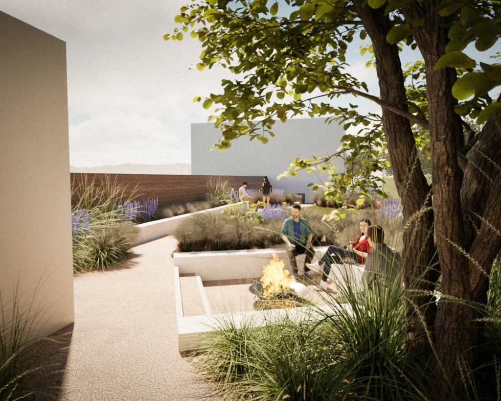 Render van een tuinproject in Nieuwkerken - smalle tuin in ibizastijl met zitput